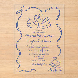 Navy Blue Vintage Hand Drawn Swans Ribbon Wedding Acryleinladungen