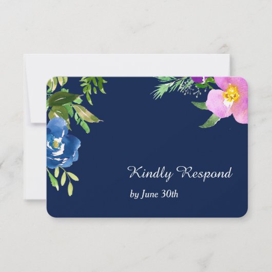 Navy Blue Violet Moderne Blumenhochzeit RSVP Karte (Vorderseite)