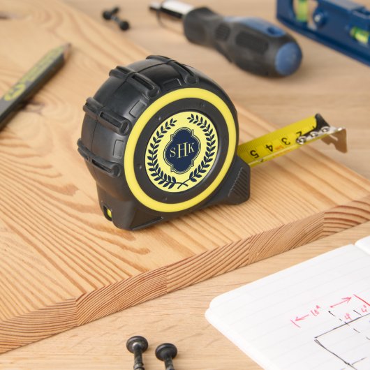 Navy-Blue-Wappen Laurel Wreath Monogram Maßband (Holzbau)