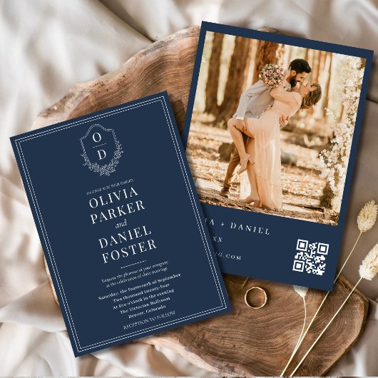 Navy Blue Wappen QR Code Foto Elegante Hochzeit Einladung