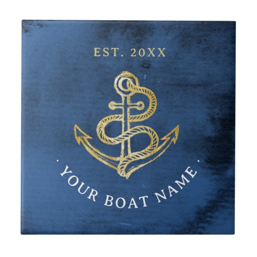 Navy Blue Watercolor Anchor Nautical Add Bootname Fliese (Vorderseite)