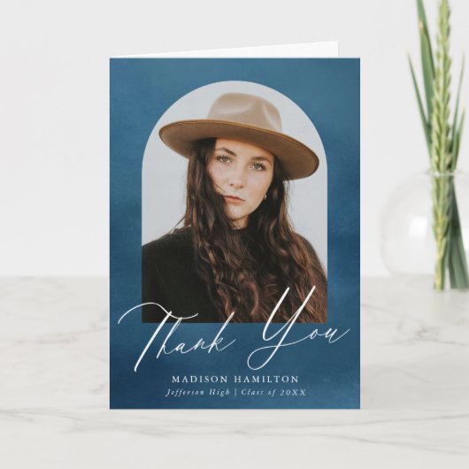 Navy Blue Watercolor Arch Foto Abschluss Dankeskarte (Vorderseite)