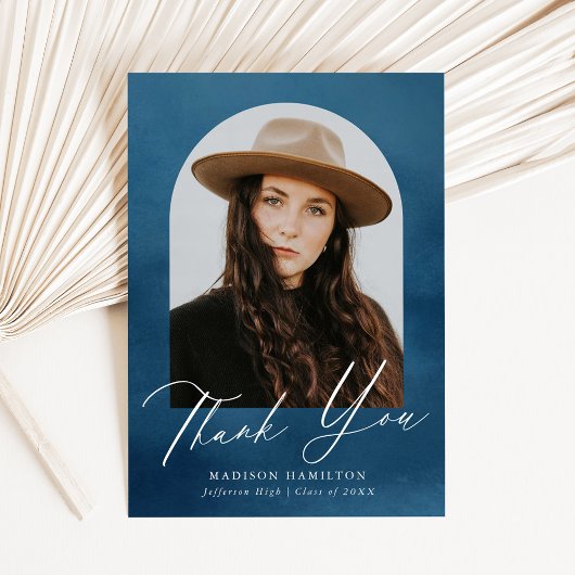 Navy Blue Watercolor Arch Foto Abschluss Dankeskarte