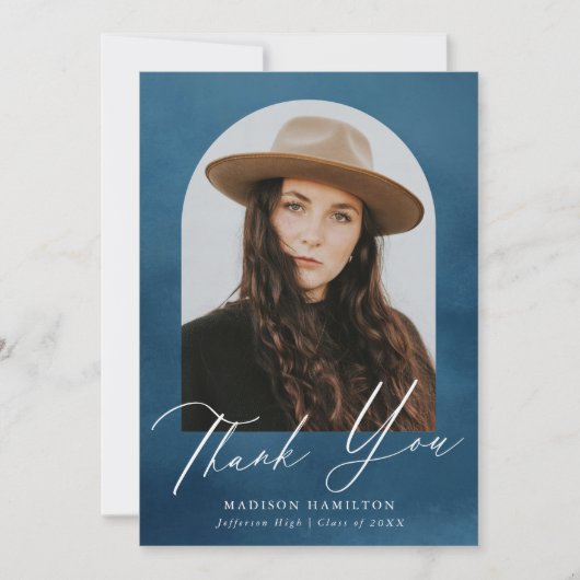 Navy Blue Watercolor Arch Foto Abschluss Dankeskarte (Vorderseite)