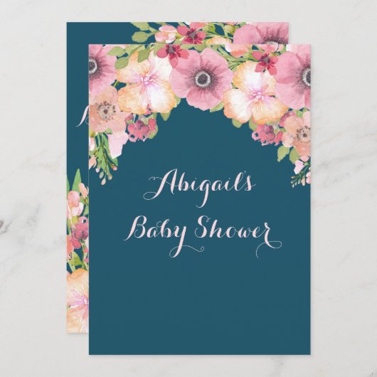 Navy Blue Watercolor Blume Babydusche Einladung (Vorne/Hinten)