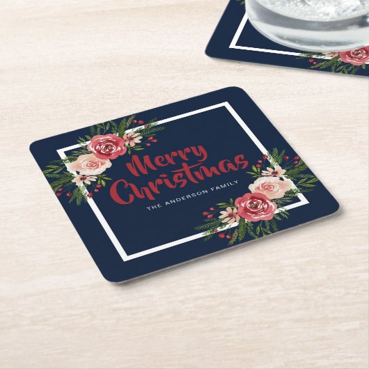 Navy Blue Watercolor-Blume Weihnachten Rechteckiger Pappuntersetzer (angewinkelt)