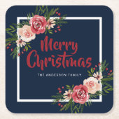 Navy Blue Watercolor-Blume Weihnachten Rechteckiger Pappuntersetzer (Vorderseite)