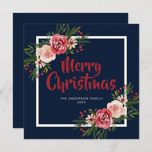 Navy Blue Watercolor Blumen Weihnachtskarte Einladung (Vorne/Hinten)