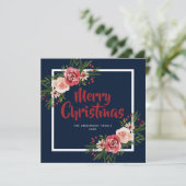 Navy Blue Watercolor Blumen Weihnachtskarte Einladung (Stehend Vorderseite)