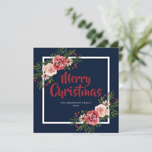 Navy Blue Watercolor Blumen Weihnachtskarte Einladung (Stehend Vorderseite)