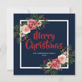 Navy Blue Watercolor Blumen Weihnachtskarte Einladung (Vorderseite)