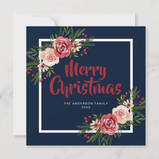 Navy Blue Watercolor Blumen Weihnachtskarte Einladung (Vorderseite)