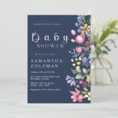 Navy Blue Watercolor Boho Wildblume Babydusche Einladung (Stehend Vorderseite)