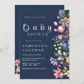 Navy Blue Watercolor Boho Wildblume Babydusche Einladung (Vorne/Hinten)