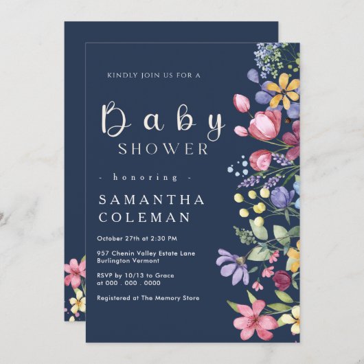 Navy Blue Watercolor Boho Wildblume Babydusche Einladung (Vorne/Hinten)