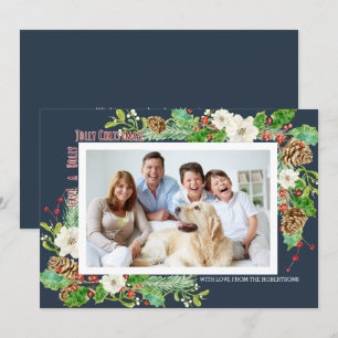 Navy Blue Watercolor Christmas Holly Jolly Floral Einladung