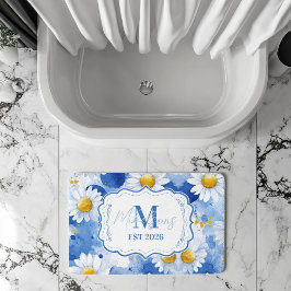 Navy Blue Watercolor Daisy Monogram Decor Badematte