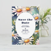 Navy Blue Watercolor Daisy Wedding Save The Date (Stehend Vorderseite)