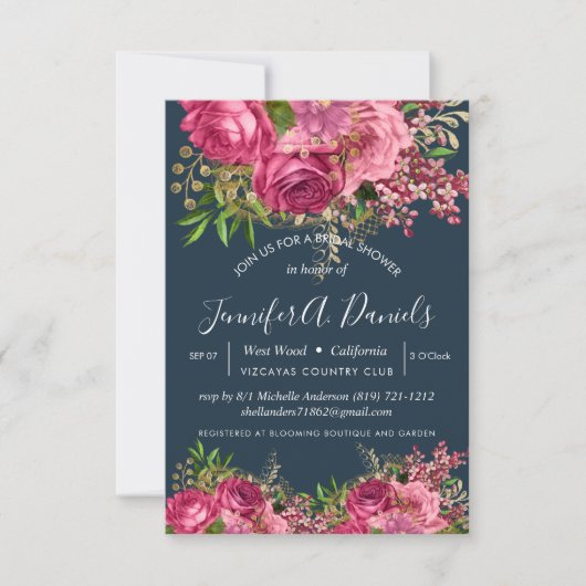 Navy Blue Watercolor Floral Brautparty Einladung (Vorderseite)