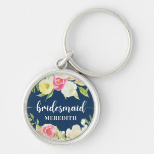 Navy Blue Watercolor Floral Bridesmaid Name Schlüsselanhänger