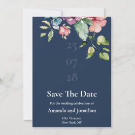Navy Blue Watercolor Floral Save the Date Card Einladung