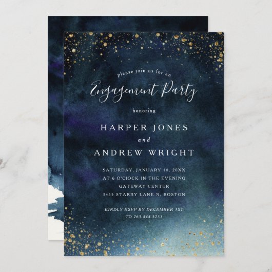 Navy Blue Watercolor Gold Glitzer Engagement Party Einladung (Vorne/Hinten)