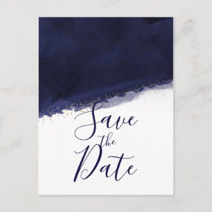 Navy Blue Watercolor & Gold Modern Save the Date Ankündigungspostkarte
