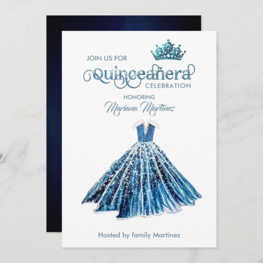 Navy Blue Watercolor Handgezeichnetes Ballkleid Qu Einladung (Vorne/Hinten)