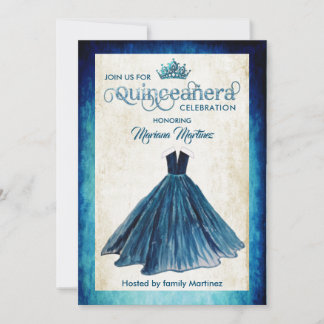 Navy Blue Watercolor Handgezeichnetes Ballkleid Qu Einladung