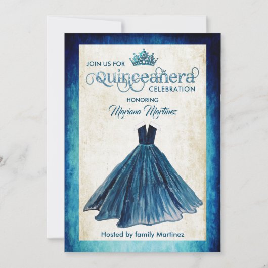 Navy Blue Watercolor Handgezeichnetes Ballkleid Qu Einladung (Vorderseite)