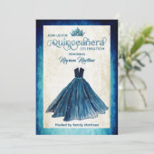 Navy Blue Watercolor Handgezeichnetes Ballkleid Qu Einladung (Stehend Vorderseite)