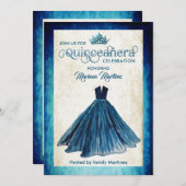 Navy Blue Watercolor Handgezeichnetes Ballkleid Qu Einladung (Vorne/Hinten)