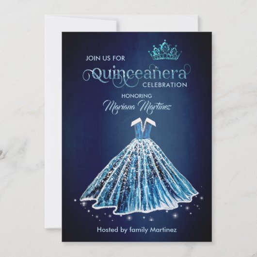 Navy Blue Watercolor Handgezeichnetes Ballkleid Qu Einladung (Vorderseite)