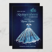 Navy Blue Watercolor Handgezeichnetes Ballkleid Qu Einladung (Vorne/Hinten)