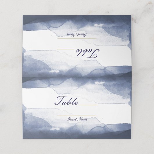 Navy Blue Watercolor Moderne Tischnummer Sitzplätz Platzkarte (Außenseite Aufgefaltet)