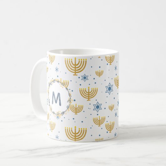 Navy Blue Watercolor Monogram + Hanukkah Pattern Kaffeetasse (Vorderseite Links)
