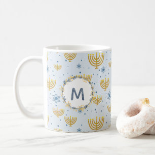 Navy Blue Watercolor Monogram + Hanukkah Pattern Kaffeetasse