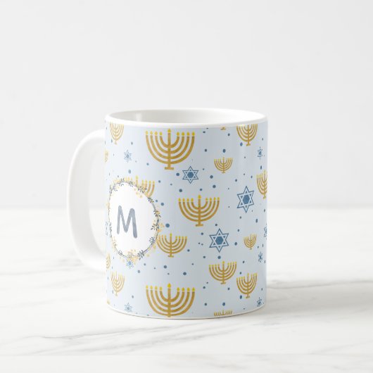 Navy Blue Watercolor Monogram + Hanukkah Pattern Kaffeetasse (Vorderseite Links)