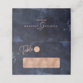 Navy Blue Watercolor & Rose Gold Tischnummer Platzkarte (Außenseite Aufgefaltet)