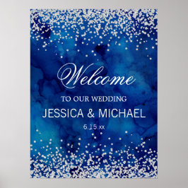 Navy Blue Watercolor Silver Glitzer Hochzeit Poster