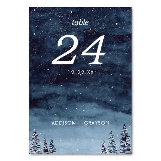 Navy Blue Watercolor Snow Wintery Tischnummer (Rückseite)