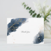 Navy Blue Watercolor Splash Gold Spritzer Hochzeit Dankeskarte (Stehend Vorderseite)