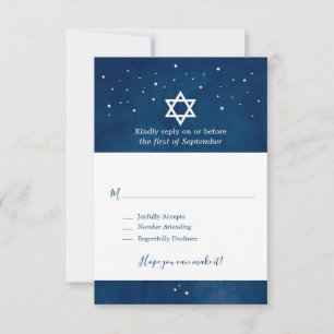 Navy Blue Watercolor Starry Night Bar Mitzvah UAWG RSVP Karte