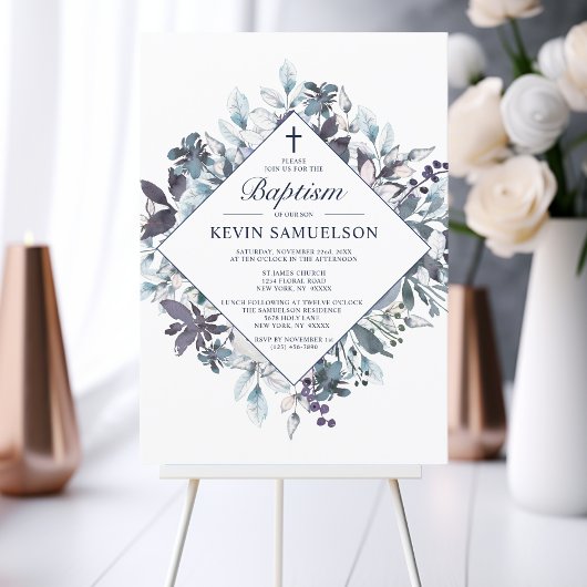 Navy Blue Watercolor Taufe Christening Boy Einladung