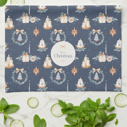 Navy Blue Watercolor Weihnachtsküche Handtuch (Gefaltet)