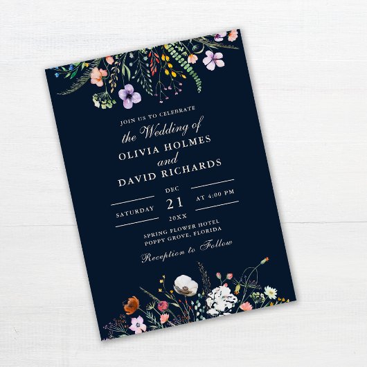 Navy Blue Watercolor Wildblume Meadow Wedding Einladung