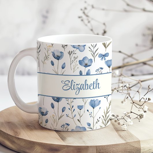 Navy Blue Watercolor Wildblumen Mohnschrift Name Kaffeetasse