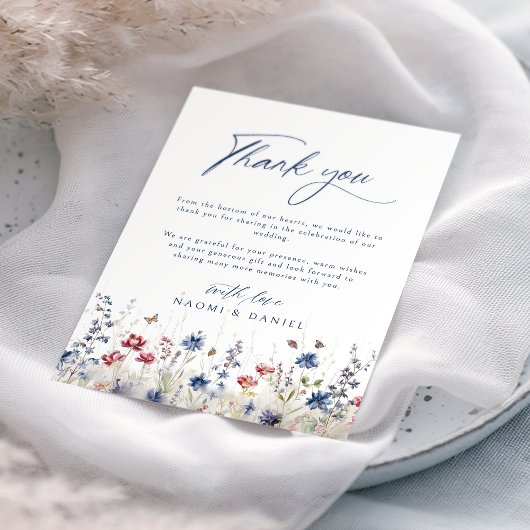 Navy Blue Watercolor Wildflower Field Wedding Dankeskarte