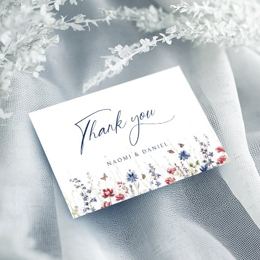 Navy Blue Watercolor Wildflower Rustic Wedding Dankeskarte