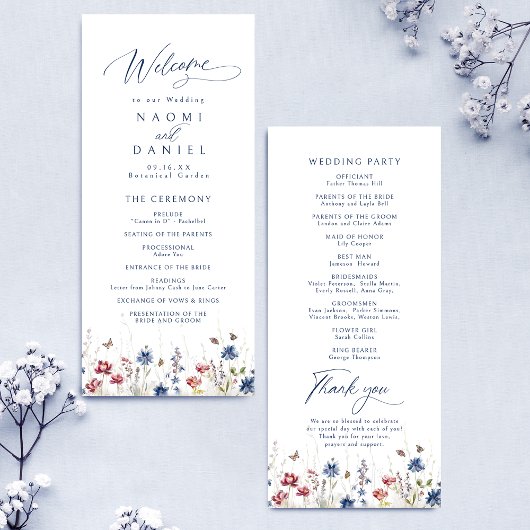 Navy Blue Watercolor Wildflower Rustic Wedding Menükarte